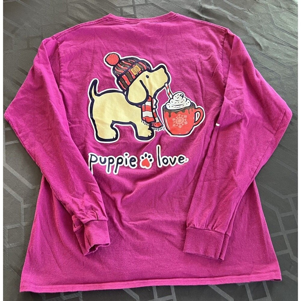 Puppie Love Hot Cocoa Pup Women’s Long Sleeve Pink Fuchsia Cotton Tee Medium